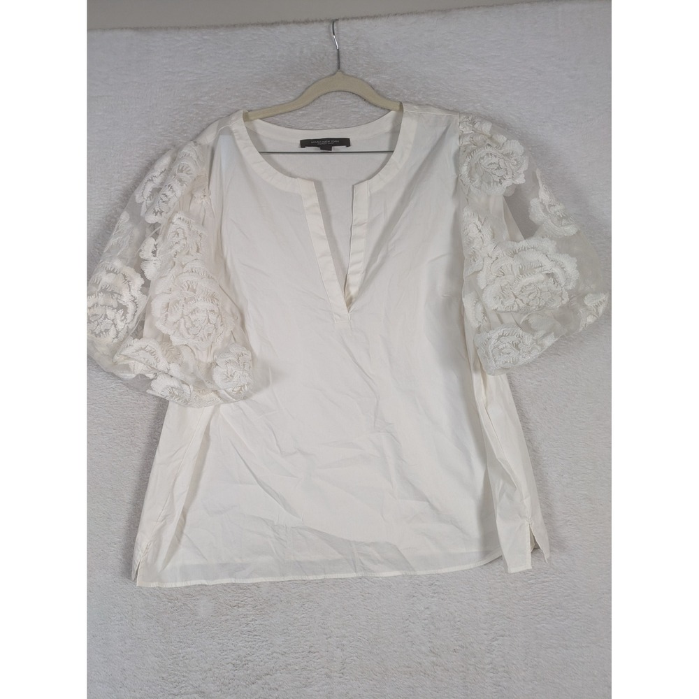 Marc New York Blouse Women's 2X Cream Floral Lace Puff Sleeve Split Neck Top